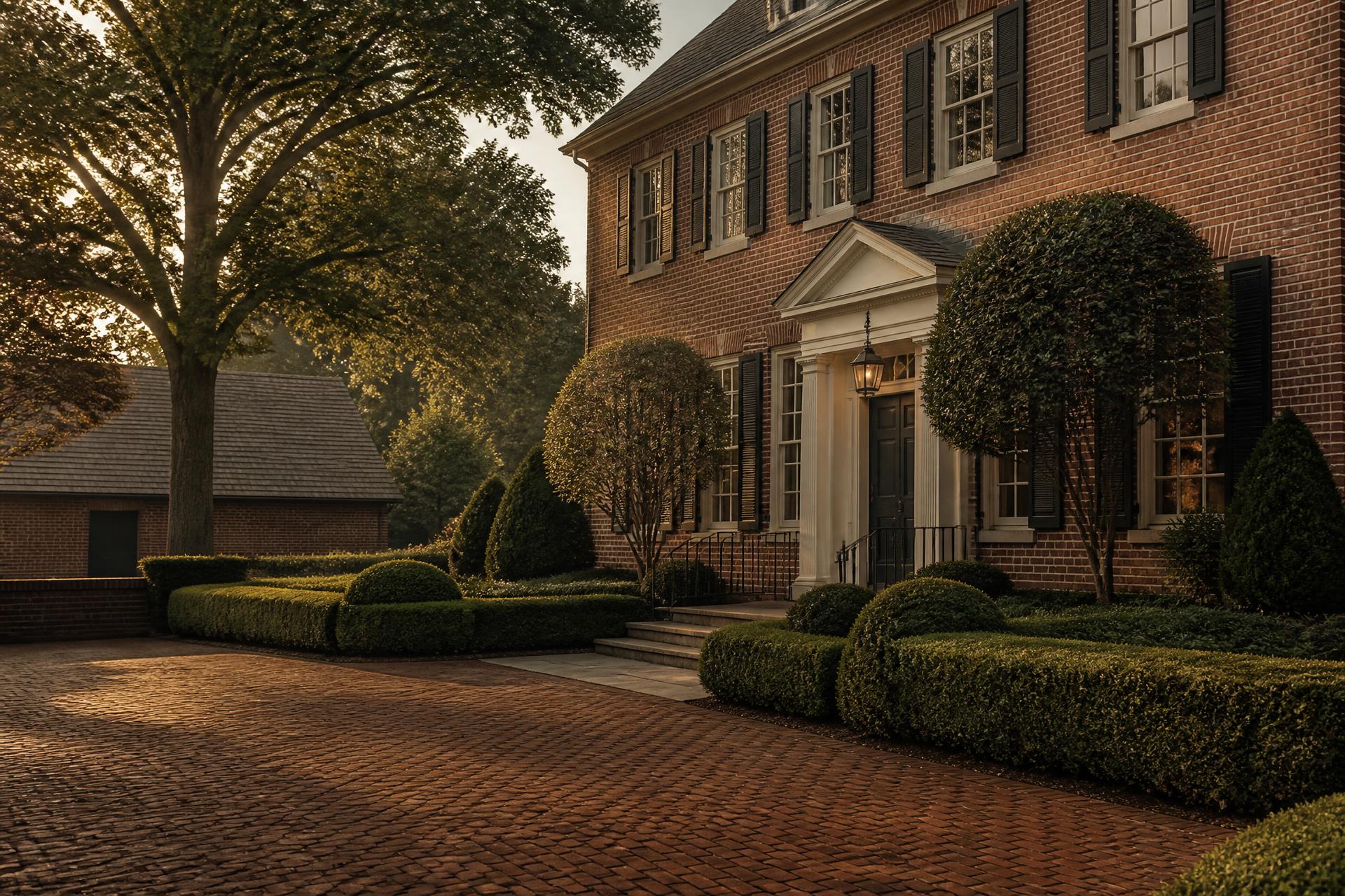 A refined brick residence in Williamsburg, Virginia, in late afternoon light